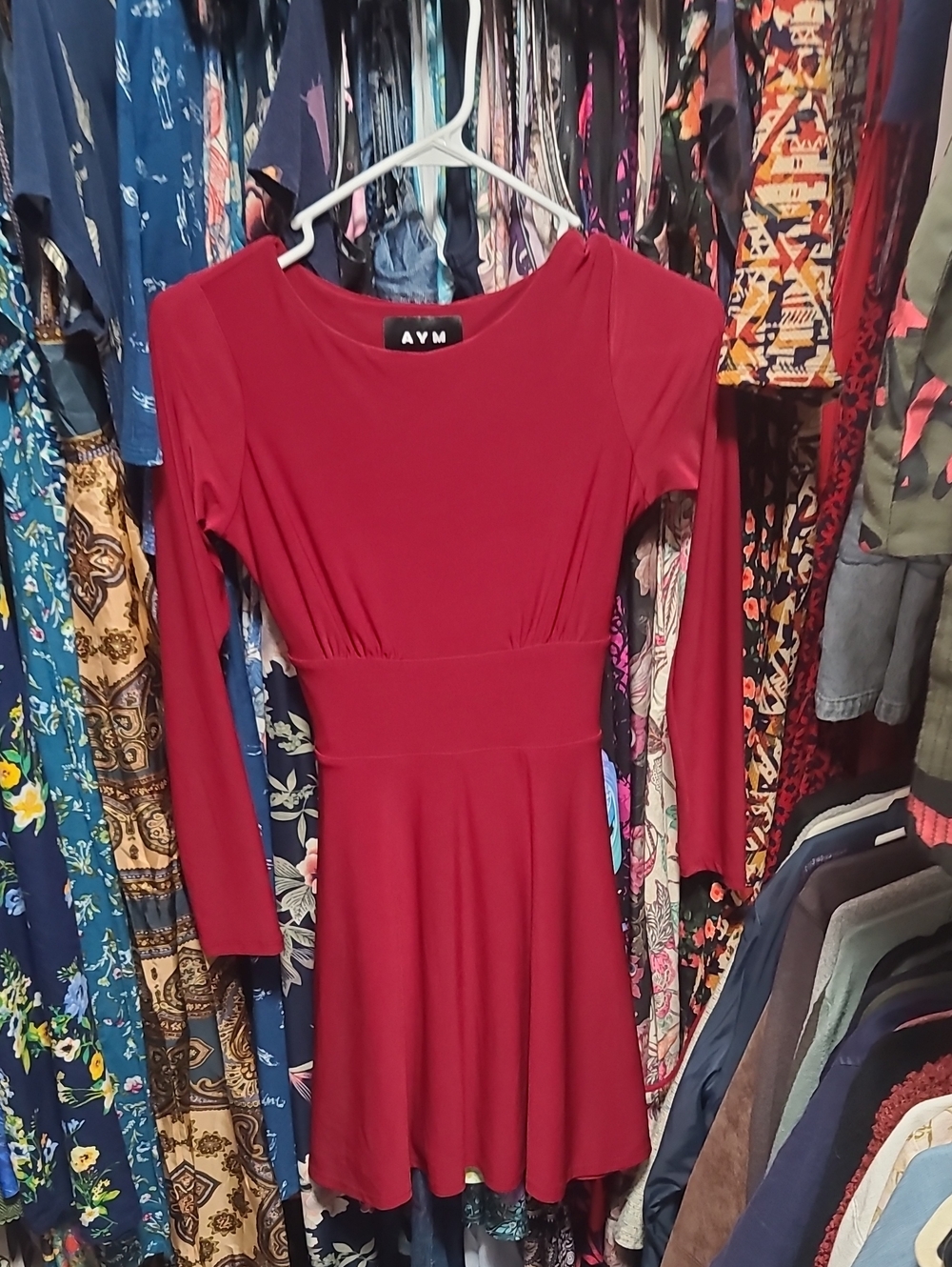 AYM Burgundy Long-Sleeve Fit & Flare Dress